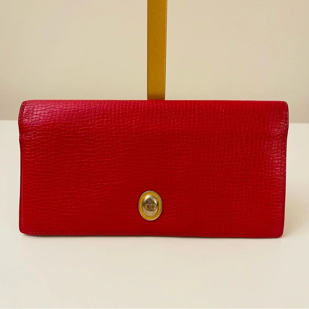 Vintage Christian Dior Red Pebbled Leather Continental Wallet